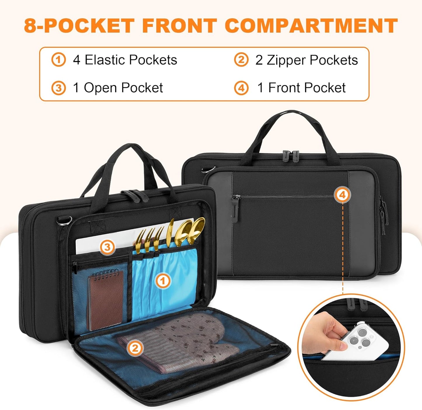 Chef Knife Bag with 20-Pockets Professional Knife Sheath Storage Case | Crossbody Shoulder Strap, Top Handle, Cooks & Culinary Tools Organizer Holder for Kitchen Travel Cooking Utensils
