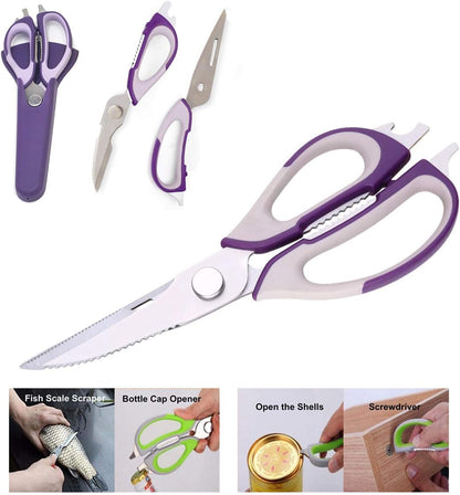 Multifunction Kitchen Food Scissors, Detachable Stainless Steel Heavy Duty Culinary Scissors, 7-in-1 Household Shears with Magnetic Holder, for Cut Poultry Meat Bone Vegetables Fruit Seafood (purple)