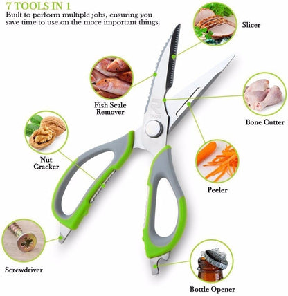 Multifunction Kitchen Food Scissors, Detachable Stainless Steel Heavy Duty Culinary Scissors, 7-in-1 Household Shears with Magnetic Holder, for Cut Poultry Meat Bone Vegetables Fruit Seafood (purple)