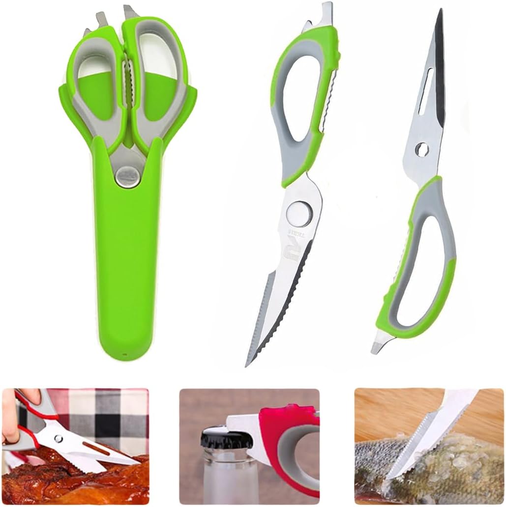 Multifunction Kitchen Food Scissors, Detachable Stainless Steel Heavy Duty Culinary Scissors, 7-in-1 Household Shears with Magnetic Holder, for Cut Poultry Meat Bone Vegetables Fruit Seafood (purple)
