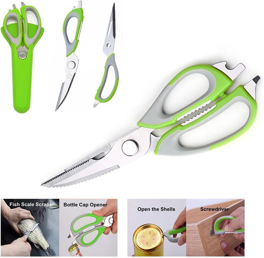 Multifunction Kitchen Food Scissors, Detachable Stainless Steel Heavy Duty Culinary Scissors, 7-in-1 Household Shears with Magnetic Holder, for Cut Poultry Meat Bone Vegetables Fruit Seafood (purple)