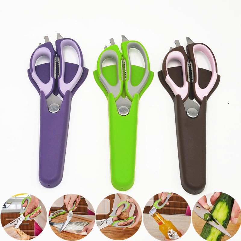 Multifunction Kitchen Food Scissors, Detachable Stainless Steel Heavy Duty Culinary Scissors, 7-in-1 Household Shears with Magnetic Holder, for Cut Poultry Meat Bone Vegetables Fruit Seafood (purple)