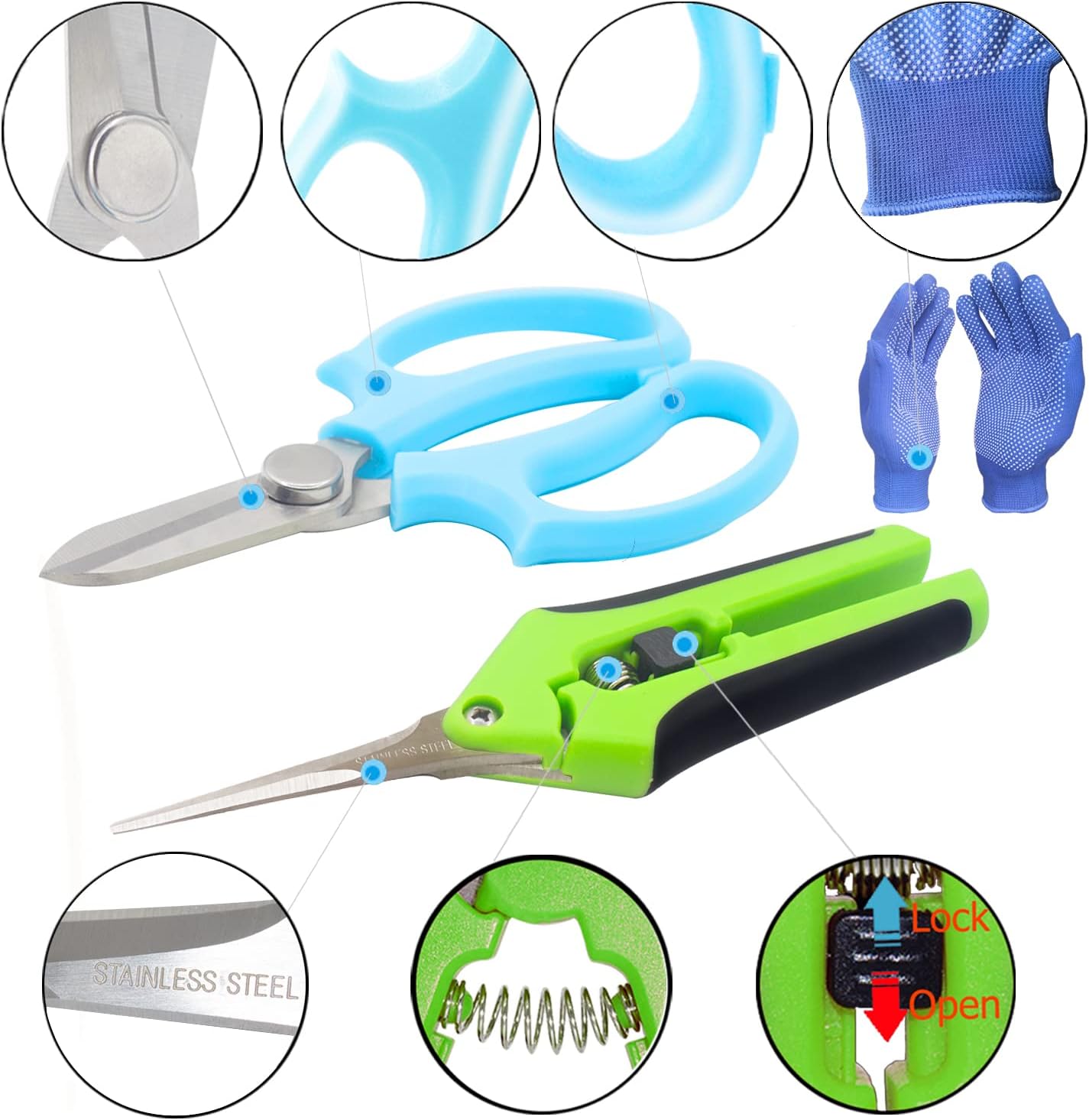 Garden Pruning Shears Garden Scissors Herb Scissors Florist Scissors Floral Snips Bonsai Scissors Hand Pruner with Gardening Gloves,Stainless Steel Straight Tip and Curved Blades,Green+Blue