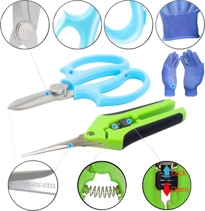 Garden Pruning Shears Garden Scissors Herb Scissors Florist Scissors Floral Snips Bonsai Scissors Hand Pruner with Gardening Gloves,Stainless Steel Straight Tip and Curved Blades,Green+Blue