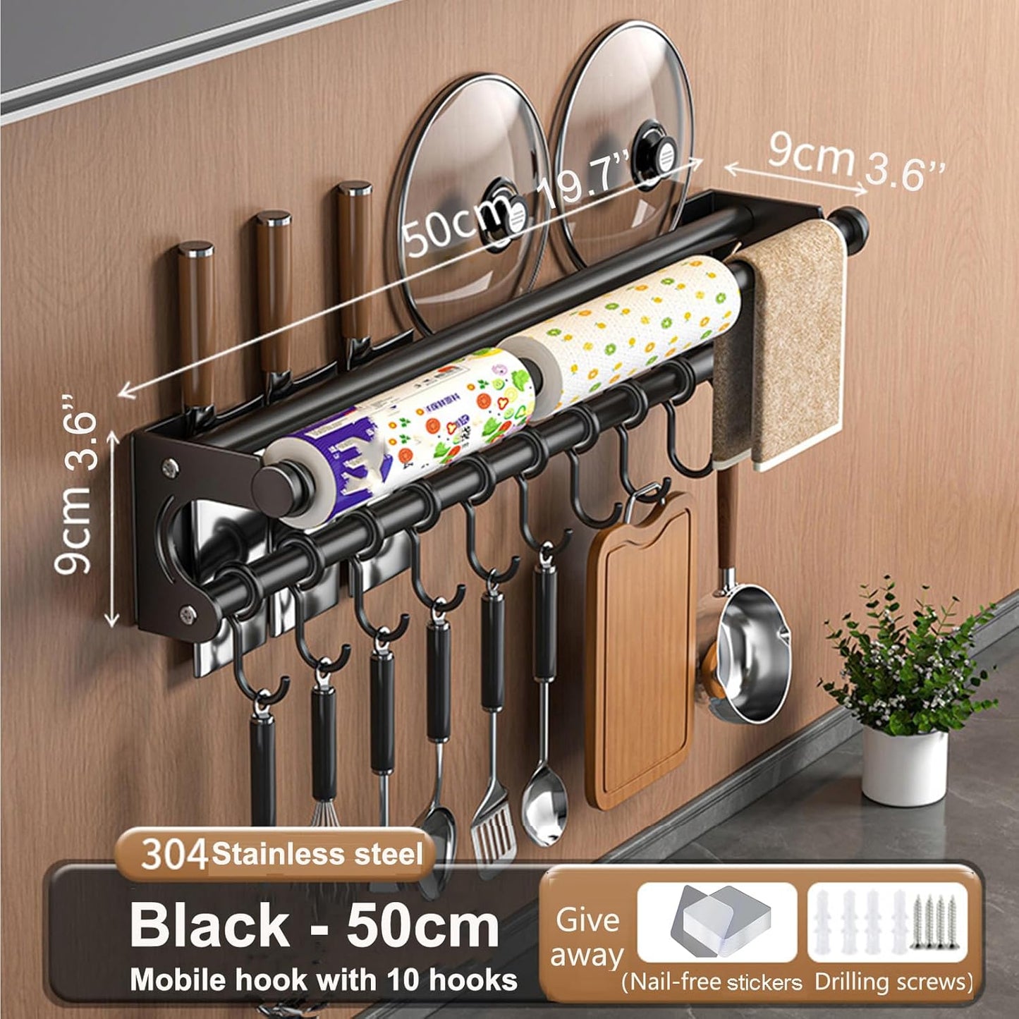 Hanging Wall Mount Knife Wall Mount,Kitchen Utensil Hanger,Space-Saving Kitchen Utensil Rack with Hooks,Kitchen Storage Shelf for Utensils Spatula Spoon, Easy to Clean (Black, 40CM+8Hook)