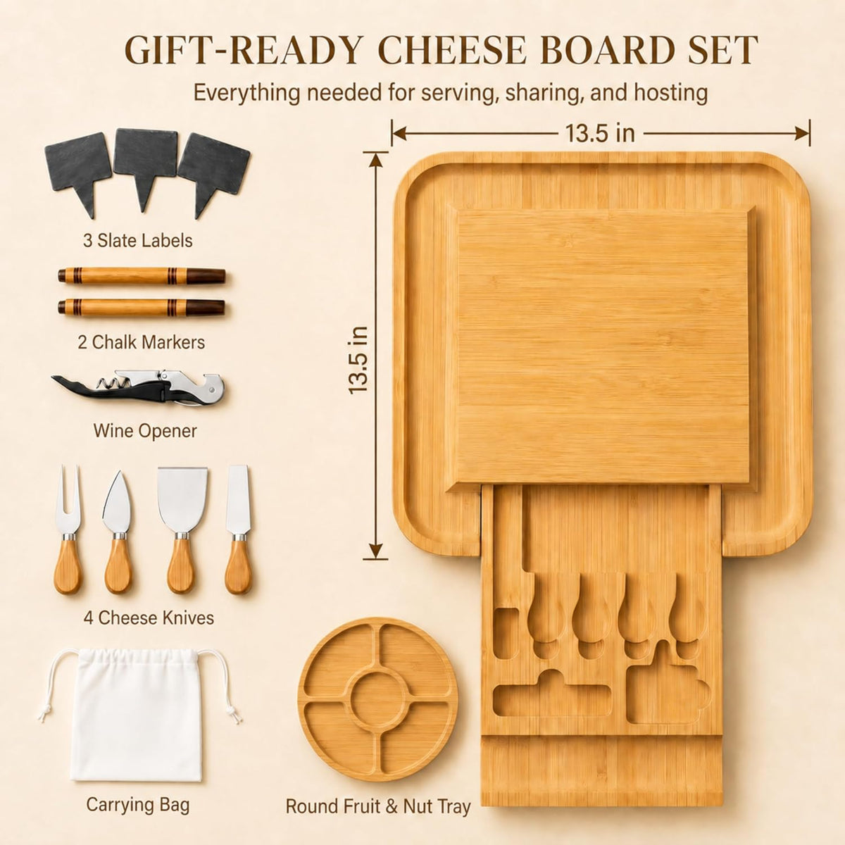 Charcuterie Board Cheese Board Set with Accessories - Bamboo Wooden Serving Tray, Platter - House Warming Gifts New Home, Wedding, Bridal Shower, Anniversary, Housewarming, Birthday Gifts for Women