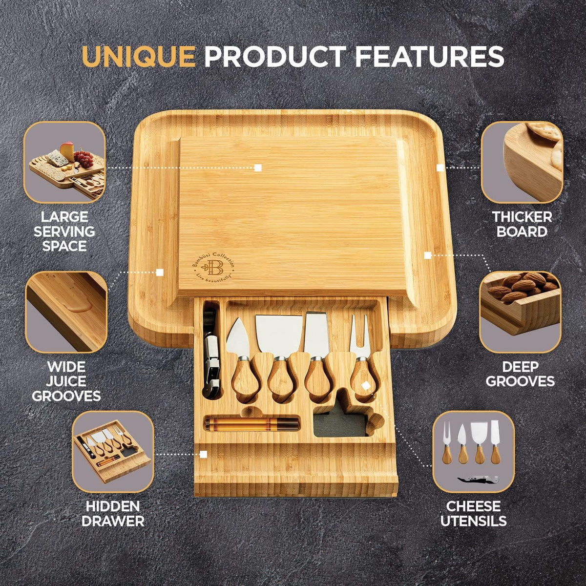 Charcuterie Board Cheese Board Set with Accessories - Bamboo Wooden Serving Tray, Platter - House Warming Gifts New Home, Wedding, Bridal Shower, Anniversary, Housewarming, Birthday Gifts for Women
