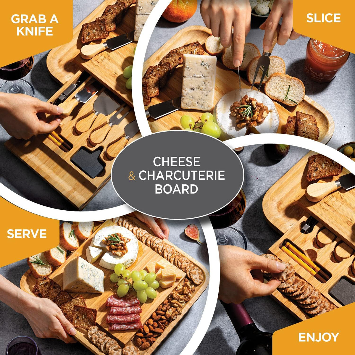 Charcuterie Board Cheese Board Set with Accessories - Bamboo Wooden Serving Tray, Platter - House Warming Gifts New Home, Wedding, Bridal Shower, Anniversary, Housewarming, Birthday Gifts for Women