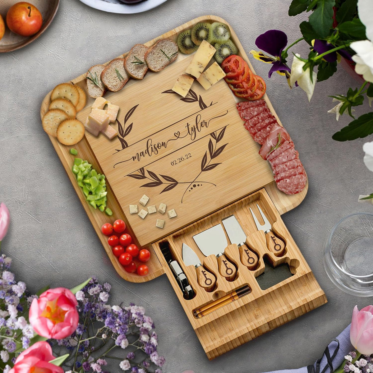 Charcuterie Board Cheese Board Set with Accessories - Bamboo Wooden Serving Tray, Platter - House Warming Gifts New Home, Wedding, Bridal Shower, Anniversary, Housewarming, Birthday Gifts for Women