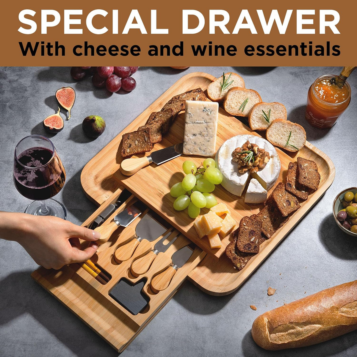 Charcuterie Board Cheese Board Set with Accessories - Bamboo Wooden Serving Tray, Platter - House Warming Gifts New Home, Wedding, Bridal Shower, Anniversary, Housewarming, Birthday Gifts for Women