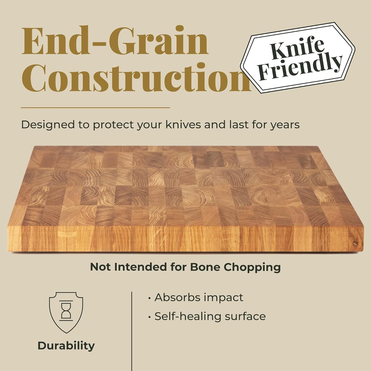 End Grain 12"x10" European Oak Wood Cutting Board with Non-Slip Feet & Handles, Charcuterie Board, Knife-Friendly, Serving Cutting Board for Kitchen