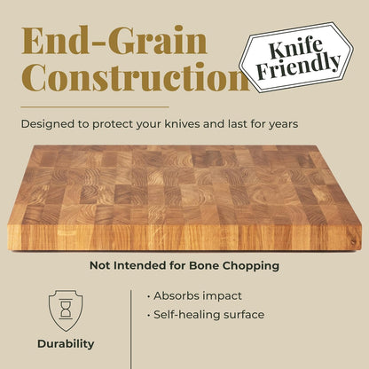 End Grain 12"x10" European Oak Wood Cutting Board with Non-Slip Feet & Handles, Charcuterie Board, Knife-Friendly, Serving Cutting Board for Kitchen