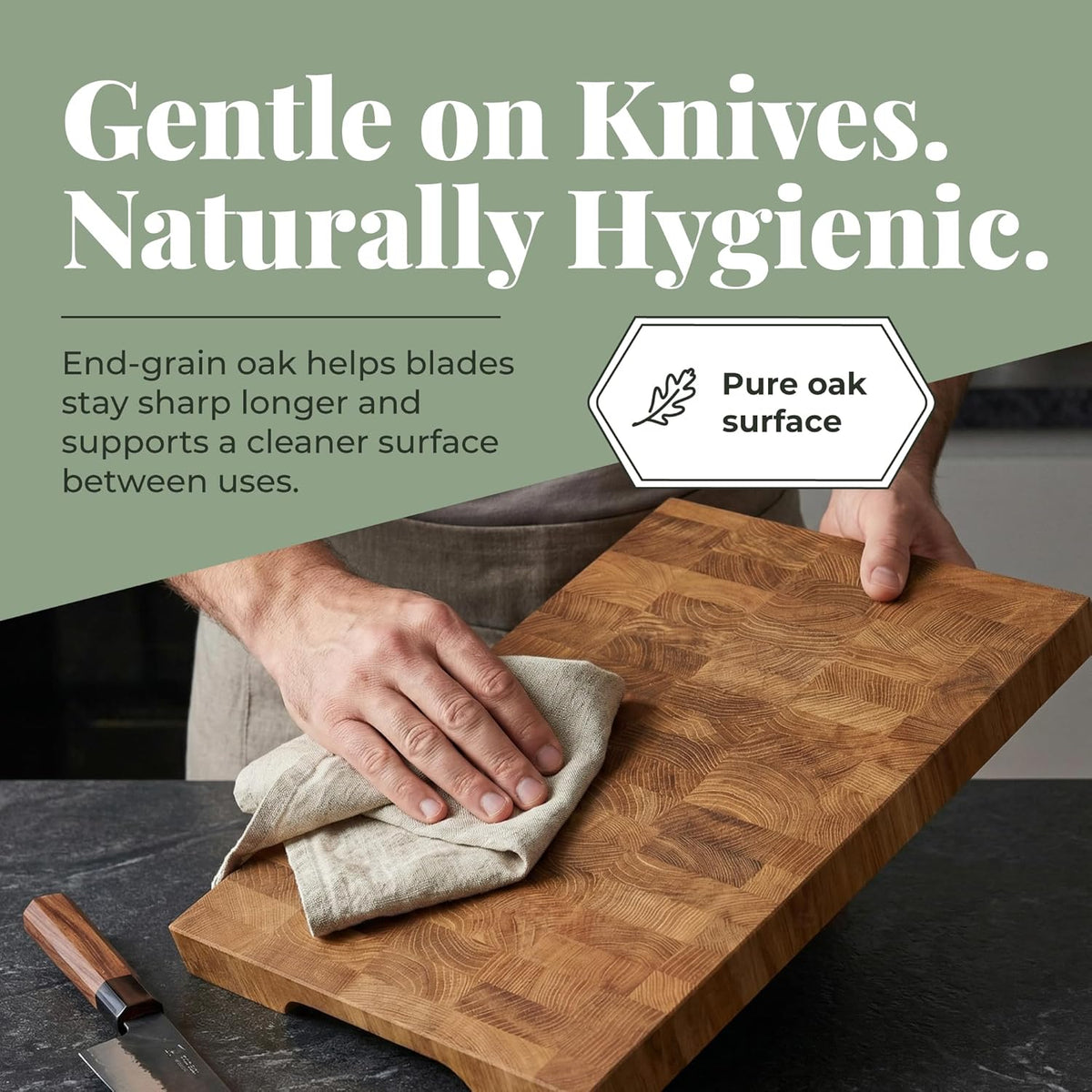 End Grain 12"x10" European Oak Wood Cutting Board with Non-Slip Feet & Handles, Charcuterie Board, Knife-Friendly, Serving Cutting Board for Kitchen