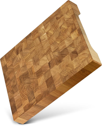 End Grain 12"x10" European Oak Wood Cutting Board with Non-Slip Feet & Handles, Charcuterie Board, Knife-Friendly, Serving Cutting Board for Kitchen