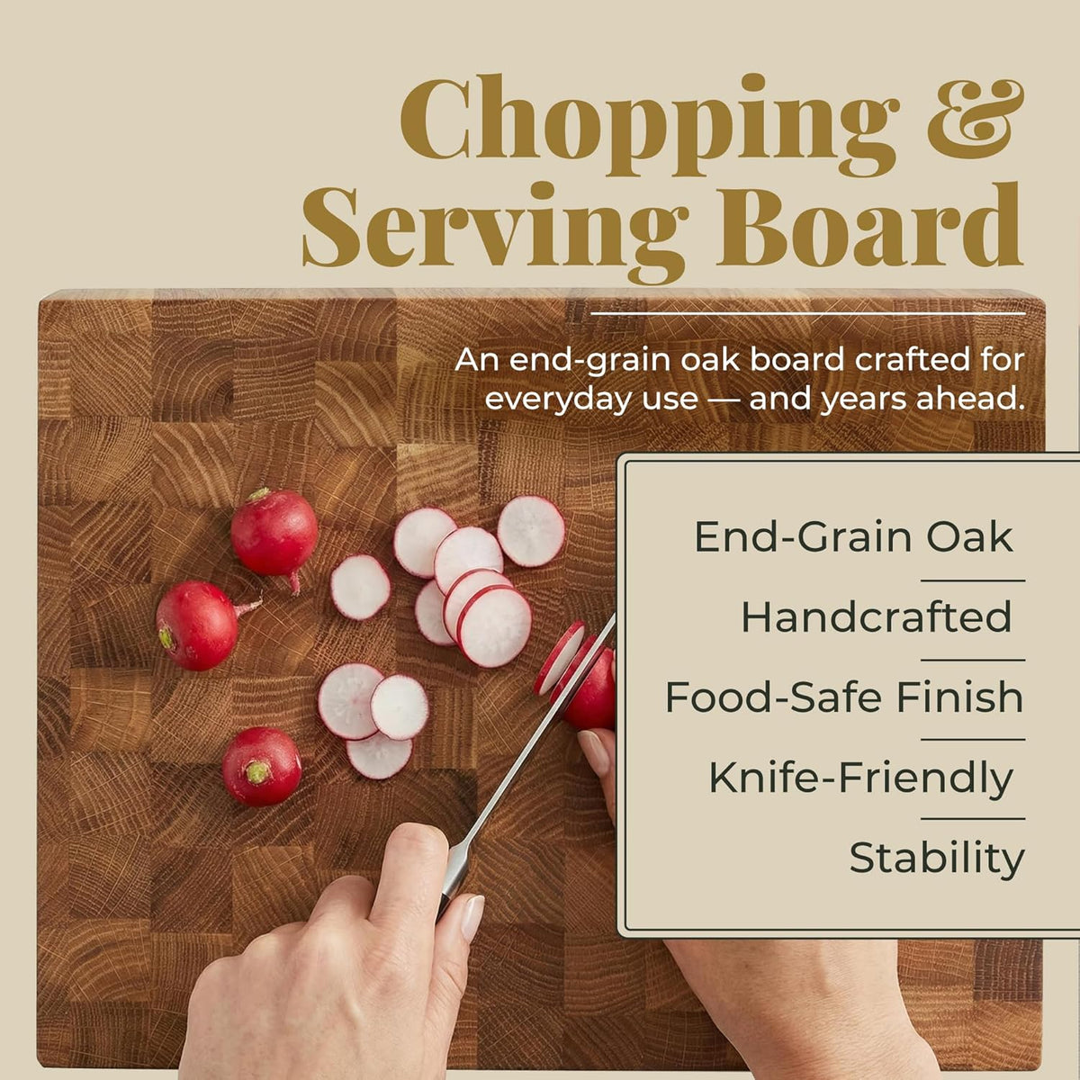 End Grain 12"x10" European Oak Wood Cutting Board with Non-Slip Feet & Handles, Charcuterie Board, Knife-Friendly, Serving Cutting Board for Kitchen