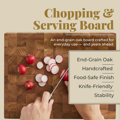 End Grain 12"x10" European Oak Wood Cutting Board with Non-Slip Feet & Handles, Charcuterie Board, Knife-Friendly, Serving Cutting Board for Kitchen