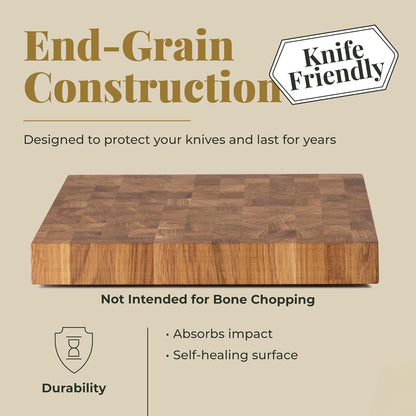 End Grain 12"x10" European Oak Wood Cutting Board with Non-Slip Feet & Handles, Charcuterie Board, Knife-Friendly, Serving Cutting Board for Kitchen
