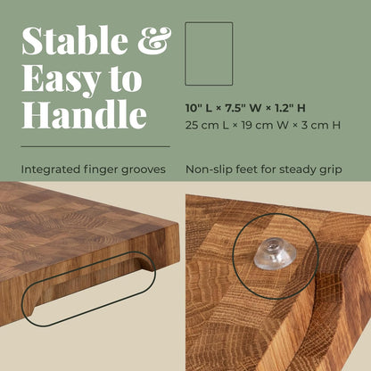 End Grain 12"x10" European Oak Wood Cutting Board with Non-Slip Feet & Handles, Charcuterie Board, Knife-Friendly, Serving Cutting Board for Kitchen