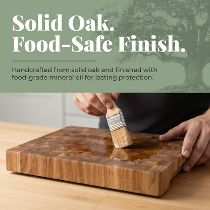 End Grain 12"x10" European Oak Wood Cutting Board with Non-Slip Feet & Handles, Charcuterie Board, Knife-Friendly, Serving Cutting Board for Kitchen