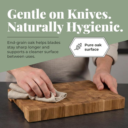 End Grain 12"x10" European Oak Wood Cutting Board with Non-Slip Feet & Handles, Charcuterie Board, Knife-Friendly, Serving Cutting Board for Kitchen