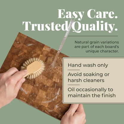 End Grain 12"x10" European Oak Wood Cutting Board with Non-Slip Feet & Handles, Charcuterie Board, Knife-Friendly, Serving Cutting Board for Kitchen
