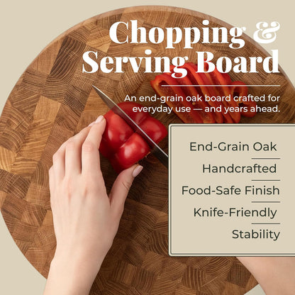 End Grain 12"x10" European Oak Wood Cutting Board with Non-Slip Feet & Handles, Charcuterie Board, Knife-Friendly, Serving Cutting Board for Kitchen