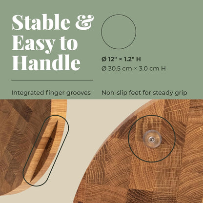 End Grain 12"x10" European Oak Wood Cutting Board with Non-Slip Feet & Handles, Charcuterie Board, Knife-Friendly, Serving Cutting Board for Kitchen