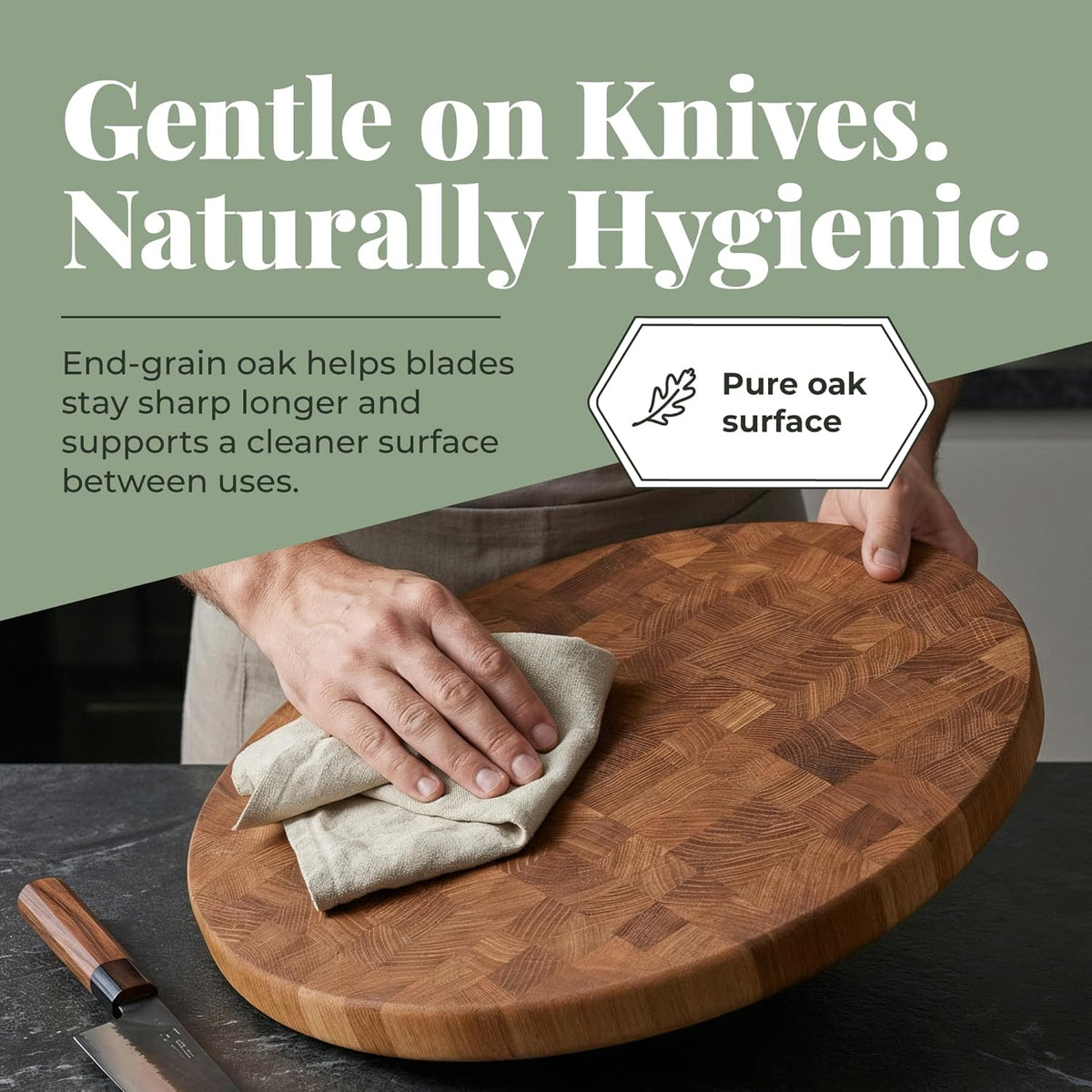 End Grain 12"x10" European Oak Wood Cutting Board with Non-Slip Feet & Handles, Charcuterie Board, Knife-Friendly, Serving Cutting Board for Kitchen