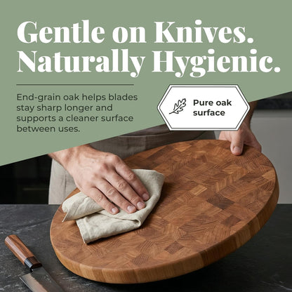 End Grain 12"x10" European Oak Wood Cutting Board with Non-Slip Feet & Handles, Charcuterie Board, Knife-Friendly, Serving Cutting Board for Kitchen