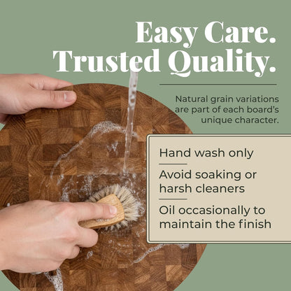 End Grain 12"x10" European Oak Wood Cutting Board with Non-Slip Feet & Handles, Charcuterie Board, Knife-Friendly, Serving Cutting Board for Kitchen