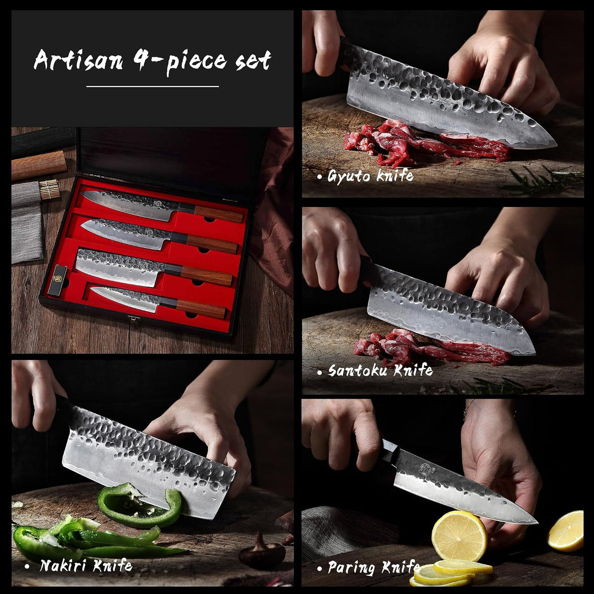 4-Piece Japanese Chef Knife Set, San-Mai 9Cr18MoV