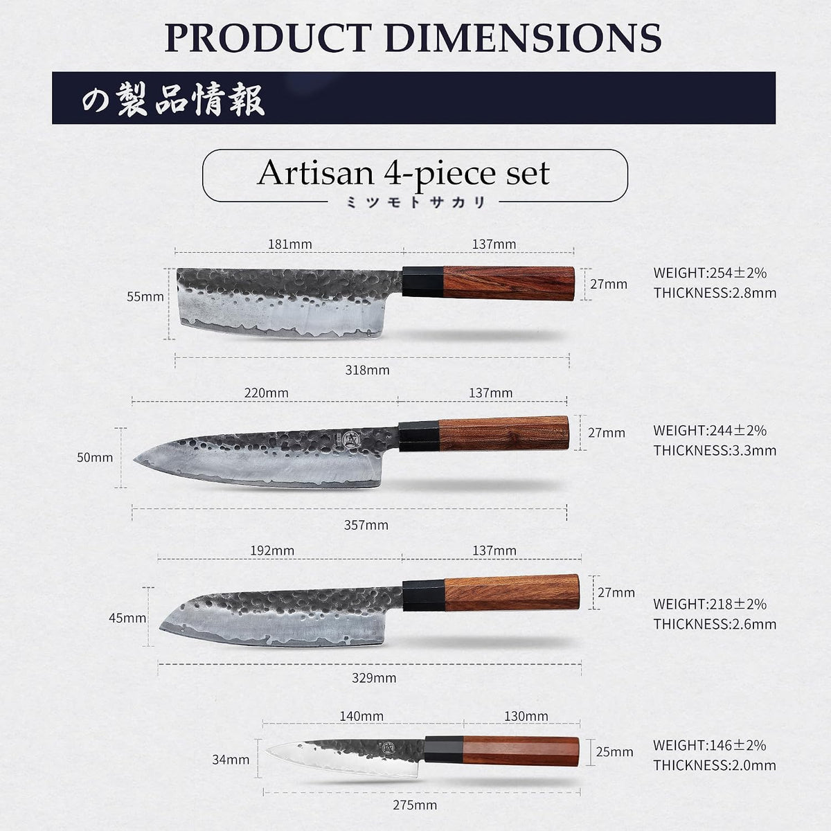 4-Piece Japanese Chef Knife Set, San-Mai 9Cr18MoV