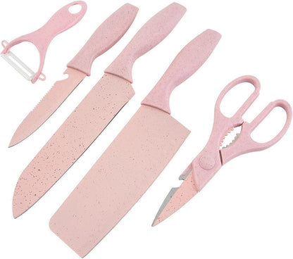 Boxed Kitchen Knife Set Block Wheat Straw blades Nonstick for Kitchen Cutting Meat Scissors Ceramic Peeler for Slicing Paring Fruits Vegetables