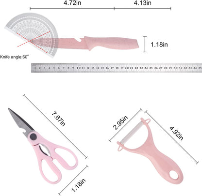 Boxed Kitchen Knife Set Block Wheat Straw blades Nonstick for Kitchen Cutting Meat Scissors Ceramic Peeler for Slicing Paring Fruits Vegetables