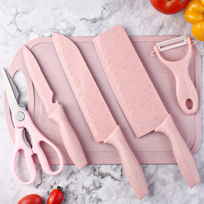 Boxed Kitchen Knife Set Block Wheat Straw blades Nonstick for Kitchen Cutting Meat Scissors Ceramic Peeler for Slicing Paring Fruits Vegetables