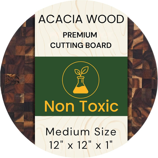 Premium Acacia Wood End Grain Round Cutting Board 12" x 12" x 1" Thick Butcher Block for Pizza, Meat & Charcuterie, Solid Non-toxic Wood Cutting Board with Handle by New M Way