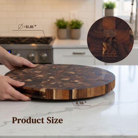 Premium Acacia Wood End Grain Round Cutting Board 12" x 12" x 1" Thick Butcher Block for Pizza, Meat & Charcuterie, Solid Non-toxic Wood Cutting Board with Handle by New M Way