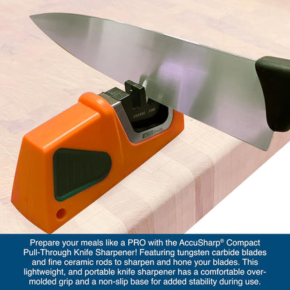 AccuSharp Pull-Through Knife Sharpener, Handheld, Blade Sharpener, Repair, Restore, and Polish Blades, Portable Multi-Tool Sharpener, Orange/Green