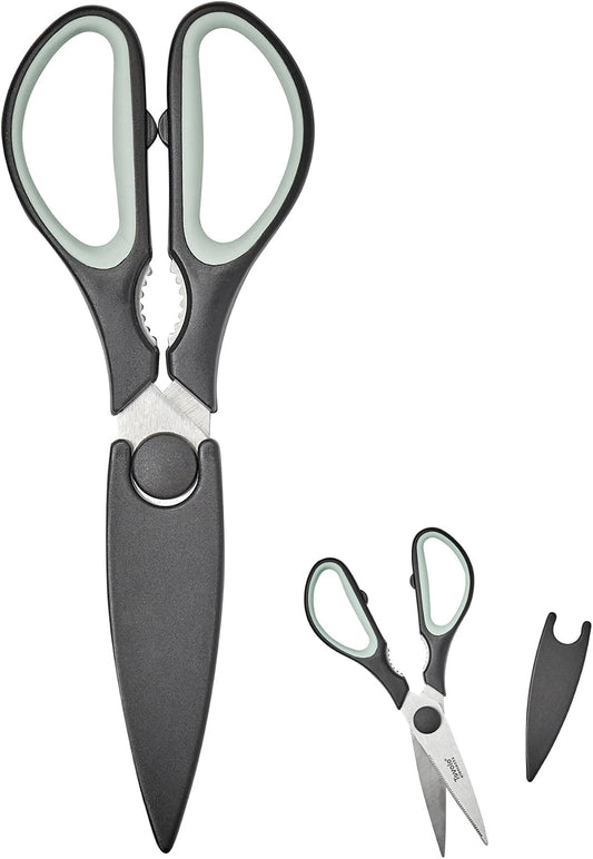 Elements All Purpose Kitchen Shear with Cover Sheath Heavy Duty Meat Poultry Sharp Kitchen Utility Scissor Dishwasher Safe Soft Comfort Grip Silicone Handle Magnetic Sheath, Black & Blue Haze