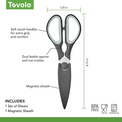 Elements All Purpose Kitchen Shear with Cover Sheath Heavy Duty Meat Poultry Sharp Kitchen Utility Scissor Dishwasher Safe Soft Comfort Grip Silicone Handle Magnetic Sheath, Black & Blue Haze