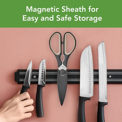 Elements All Purpose Kitchen Shear with Cover Sheath Heavy Duty Meat Poultry Sharp Kitchen Utility Scissor Dishwasher Safe Soft Comfort Grip Silicone Handle Magnetic Sheath, Black & Blue Haze