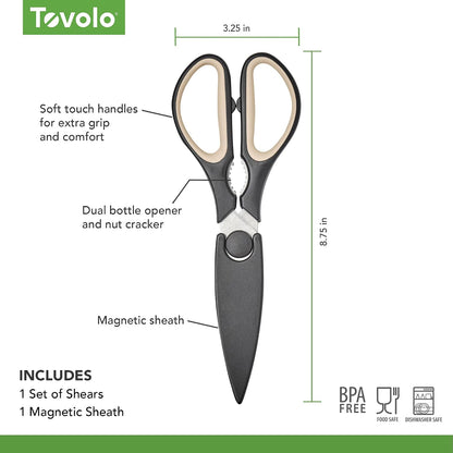 Elements All Purpose Kitchen Shear with Cover Sheath Heavy Duty Meat Poultry Sharp Kitchen Utility Scissor Dishwasher Safe Soft Comfort Grip Silicone Handle Magnetic Sheath, Black & Blue Haze