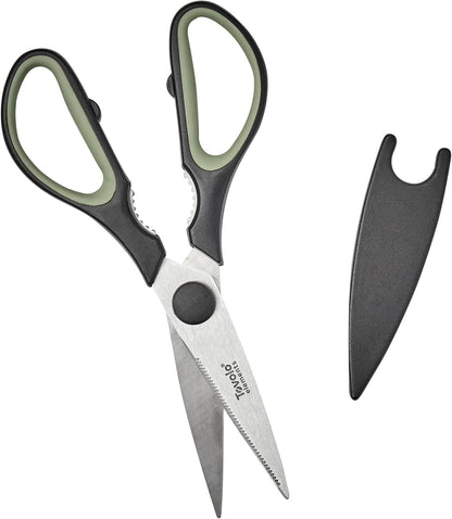 Elements All Purpose Kitchen Shear with Cover Sheath Heavy Duty Meat Poultry Sharp Kitchen Utility Scissor Dishwasher Safe Soft Comfort Grip Silicone Handle Magnetic Sheath, Black & Blue Haze