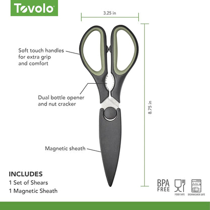 Elements All Purpose Kitchen Shear with Cover Sheath Heavy Duty Meat Poultry Sharp Kitchen Utility Scissor Dishwasher Safe Soft Comfort Grip Silicone Handle Magnetic Sheath, Black & Blue Haze