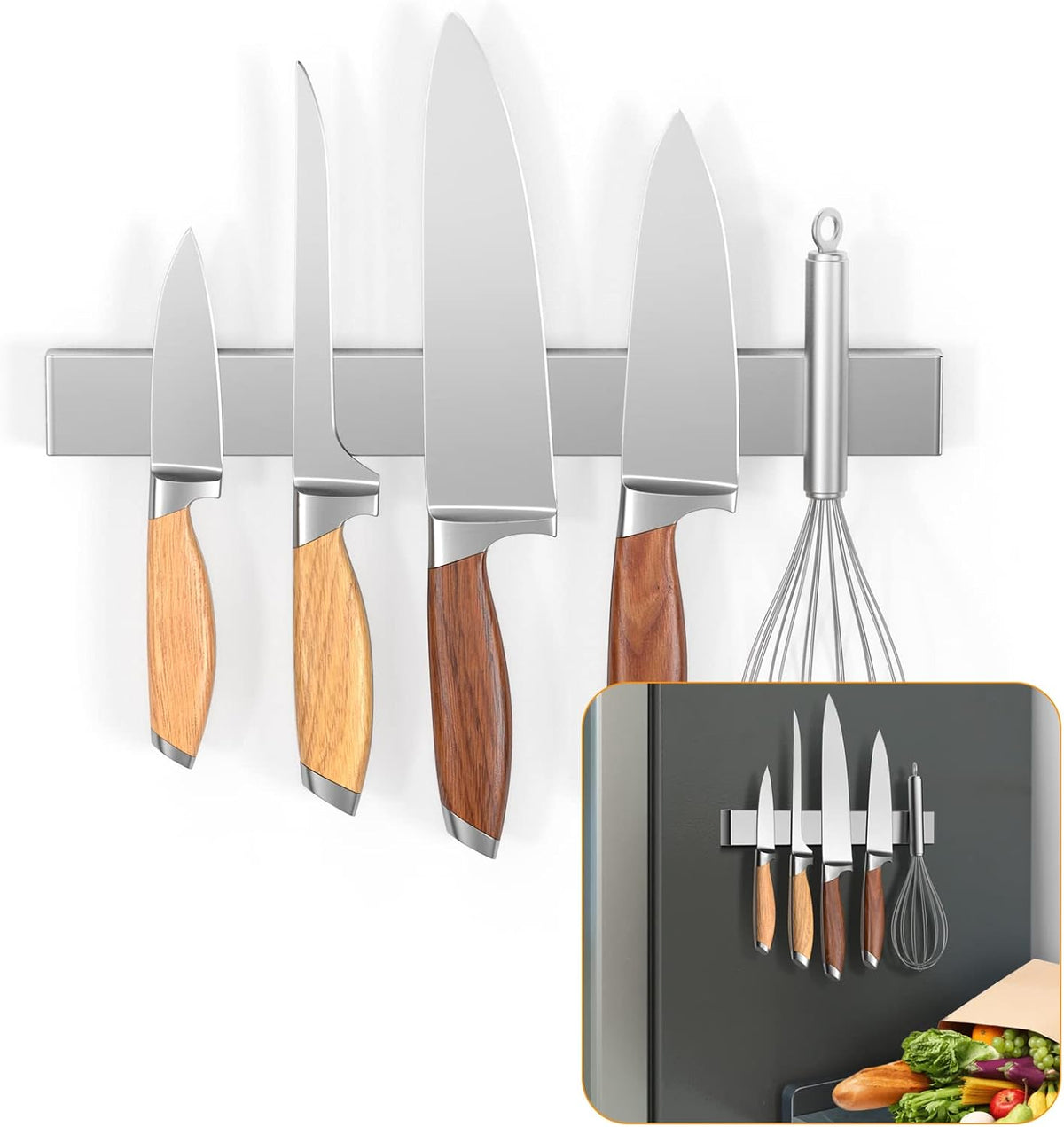 10 Inch Magnetic Knife Holder for Refrigerator, Stainless Steel Double Sided Magnet Knife Strip for Wall, No Drilling Magnetic Knife Rack with Powerful Magnetic Pull Force Fridge Applicable