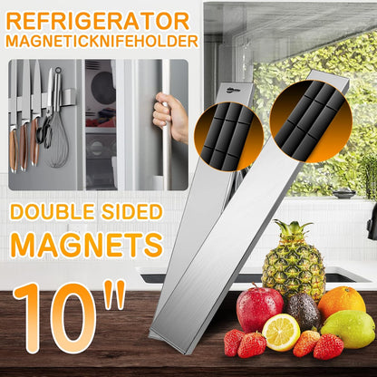 10 Inch Magnetic Knife Holder for Refrigerator, Stainless Steel Double Sided Magnet Knife Strip for Wall, No Drilling Magnetic Knife Rack with Powerful Magnetic Pull Force Fridge Applicable