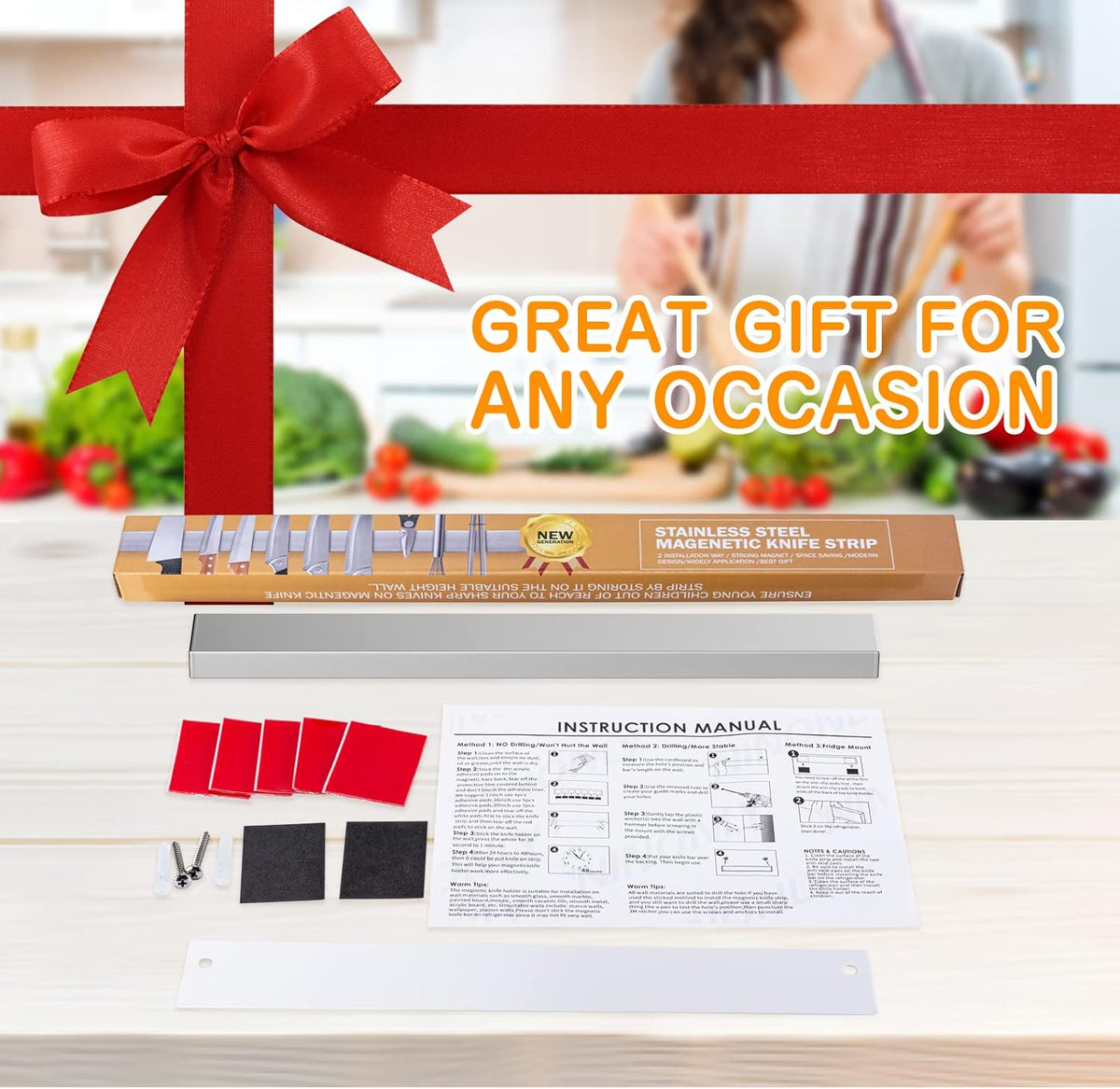 10 Inch Magnetic Knife Holder for Refrigerator, Stainless Steel Double Sided Magnet Knife Strip for Wall, No Drilling Magnetic Knife Rack with Powerful Magnetic Pull Force Fridge Applicable