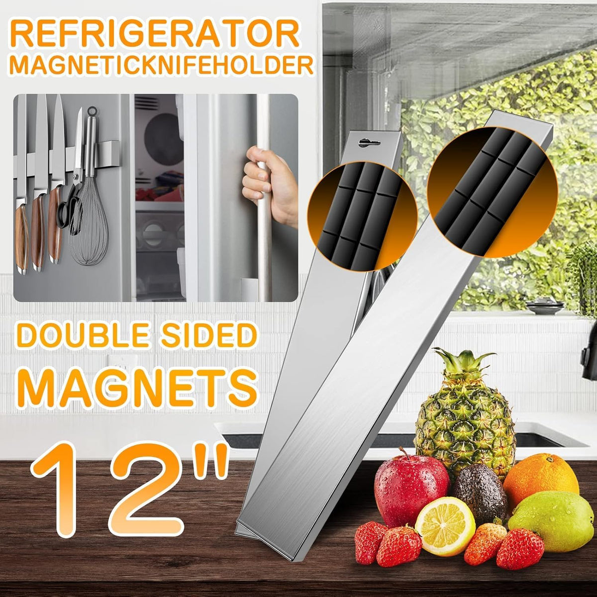 10 Inch Magnetic Knife Holder for Refrigerator, Stainless Steel Double Sided Magnet Knife Strip for Wall, No Drilling Magnetic Knife Rack with Powerful Magnetic Pull Force Fridge Applicable