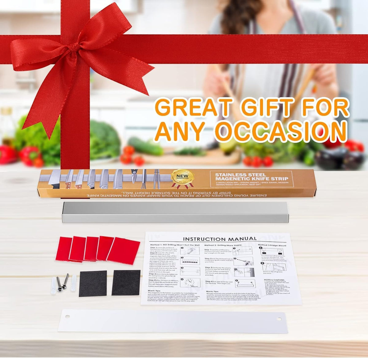 10 Inch Magnetic Knife Holder for Refrigerator, Stainless Steel Double Sided Magnet Knife Strip for Wall, No Drilling Magnetic Knife Rack with Powerful Magnetic Pull Force Fridge Applicable