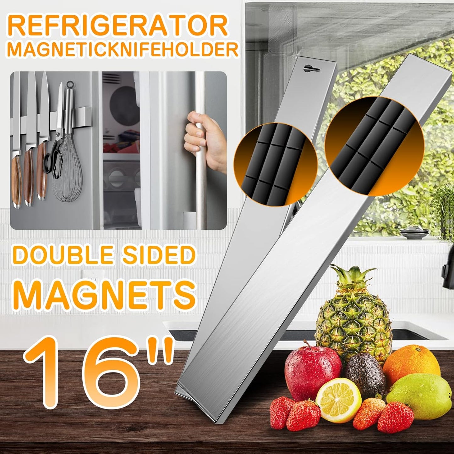 10 Inch Magnetic Knife Holder for Refrigerator, Stainless Steel Double Sided Magnet Knife Strip for Wall, No Drilling Magnetic Knife Rack with Powerful Magnetic Pull Force Fridge Applicable